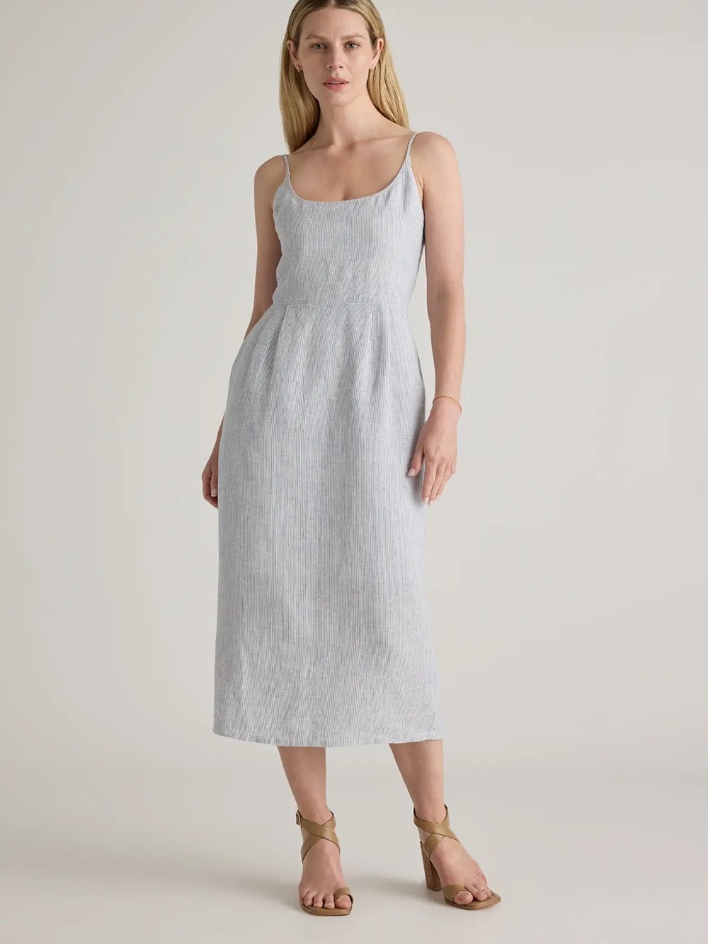 Quince 100% European Linen Blue Pinstripe Scoop Neck Midi Dress NWT Sz L